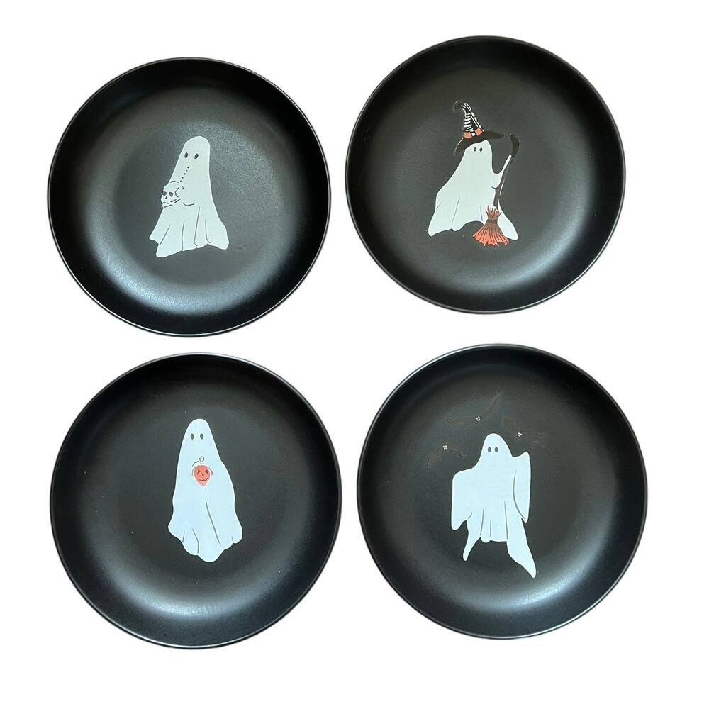 Potchen Halloween Ghost Plates Set of 4 Ceramic Appetizer Dishes Black Spooky